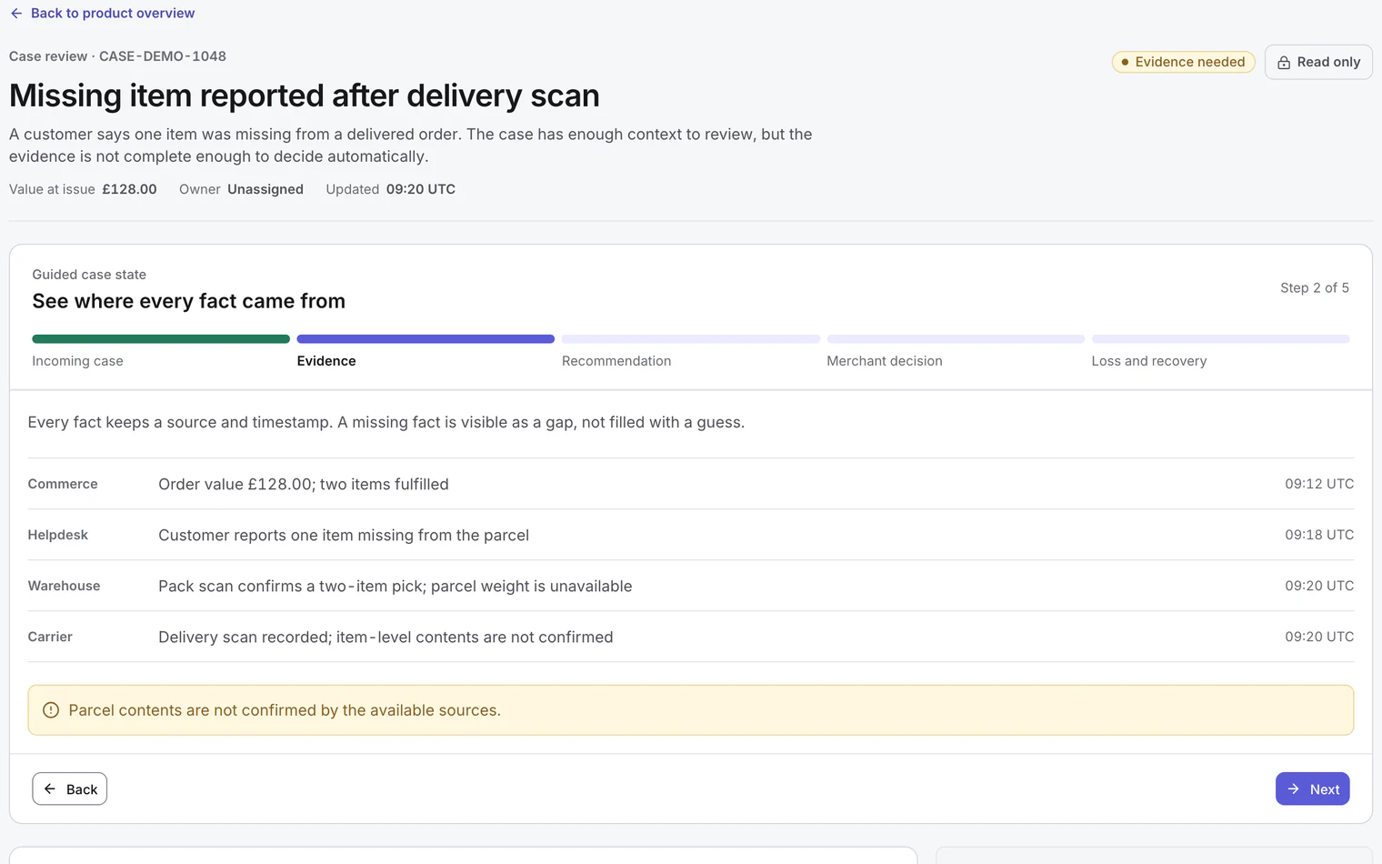 Unauth case review showing source-labelled commerce, helpdesk, warehouse, and carrier evidence for a deterministic fictional merchant